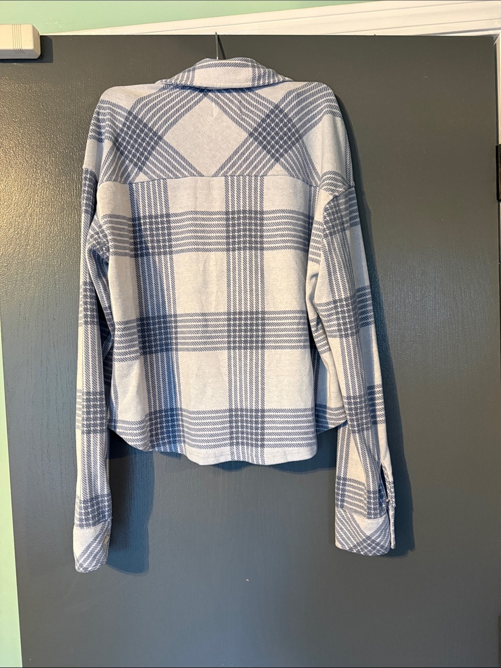 Thread & Supply Light Blue and White Plaid Cropped Button-Up Shirt - Picture 4 of 4
